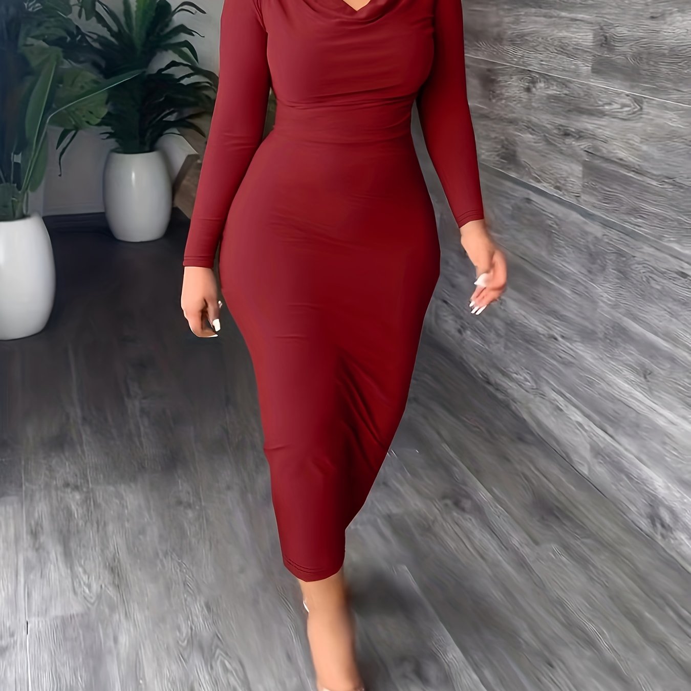 Solid Long Sleeve Cowl Neck Maxi Dress