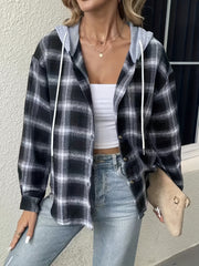 Plaid Print Drawstring Hooded Button Up Shacket