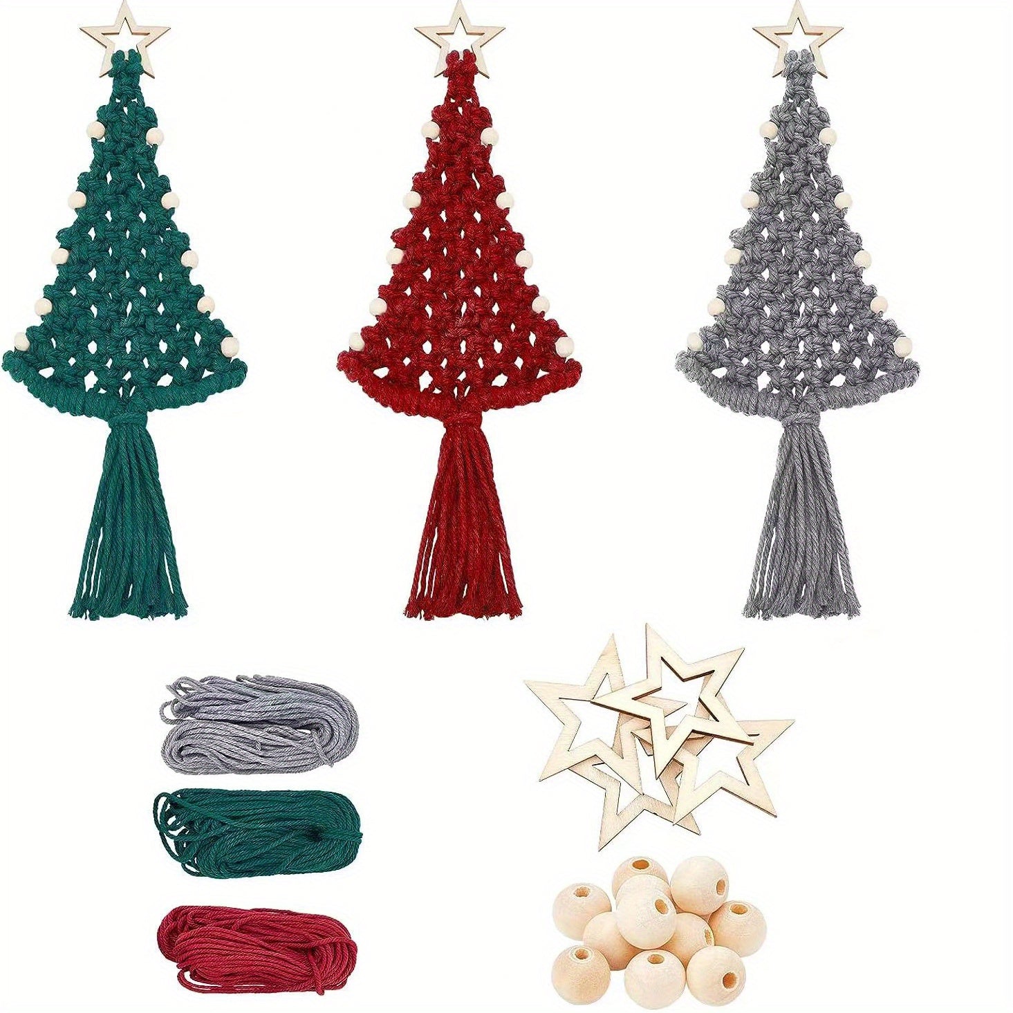3pc Christmas Tree Macrame DIY Kit Holiday Wall Hanging Decoration