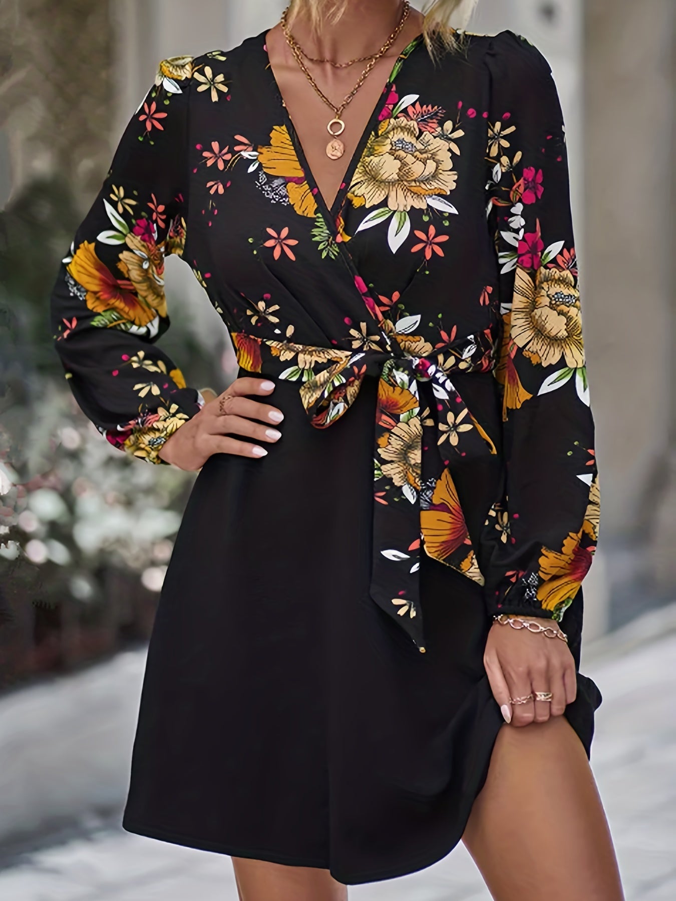 Vintage Floral Print Dress Casual Long Sleeve