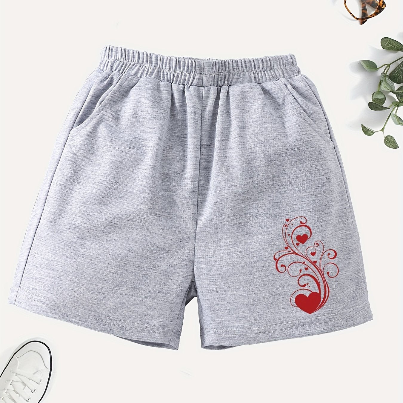 Girls' Casual Swirls & Heart Graphic Elastic Waist Shorts