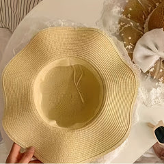 French Style Sun Hat Lace Bowknot Wide Brim Straw Hat Classic UV Protection