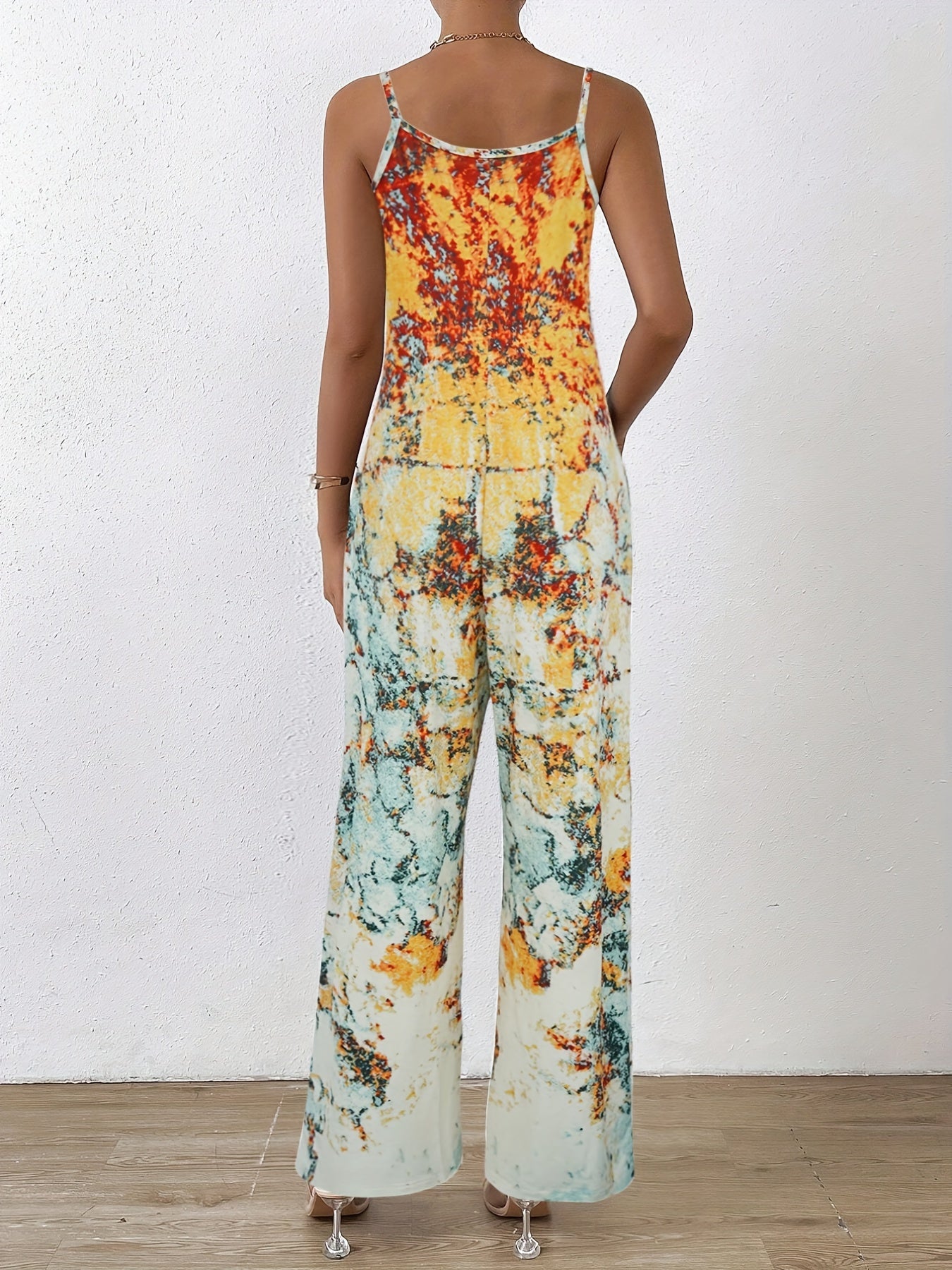 Summer Casual Wide Leg Jumpsuit All Over Print Spaghetti Strap