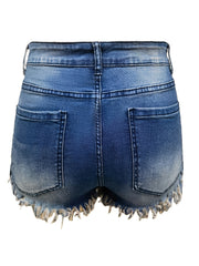 Denim Shorts Women's Solid Fringe Trim High Rise Button Fly Pocketed
