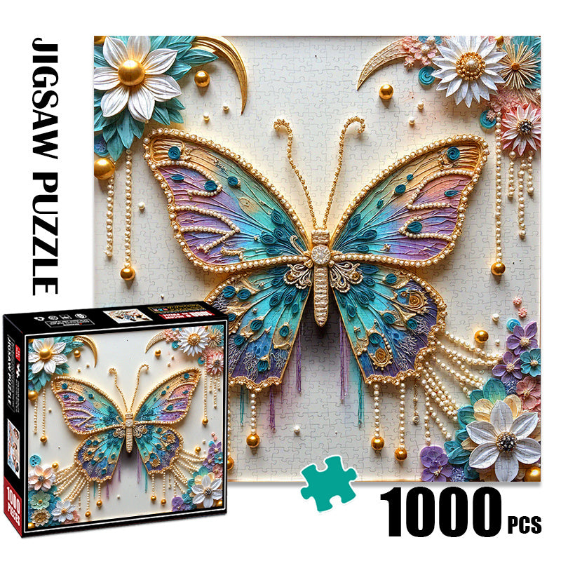 1000pcs Pearl Butterfly Jigsaw Puzzle with Flowers Golden A