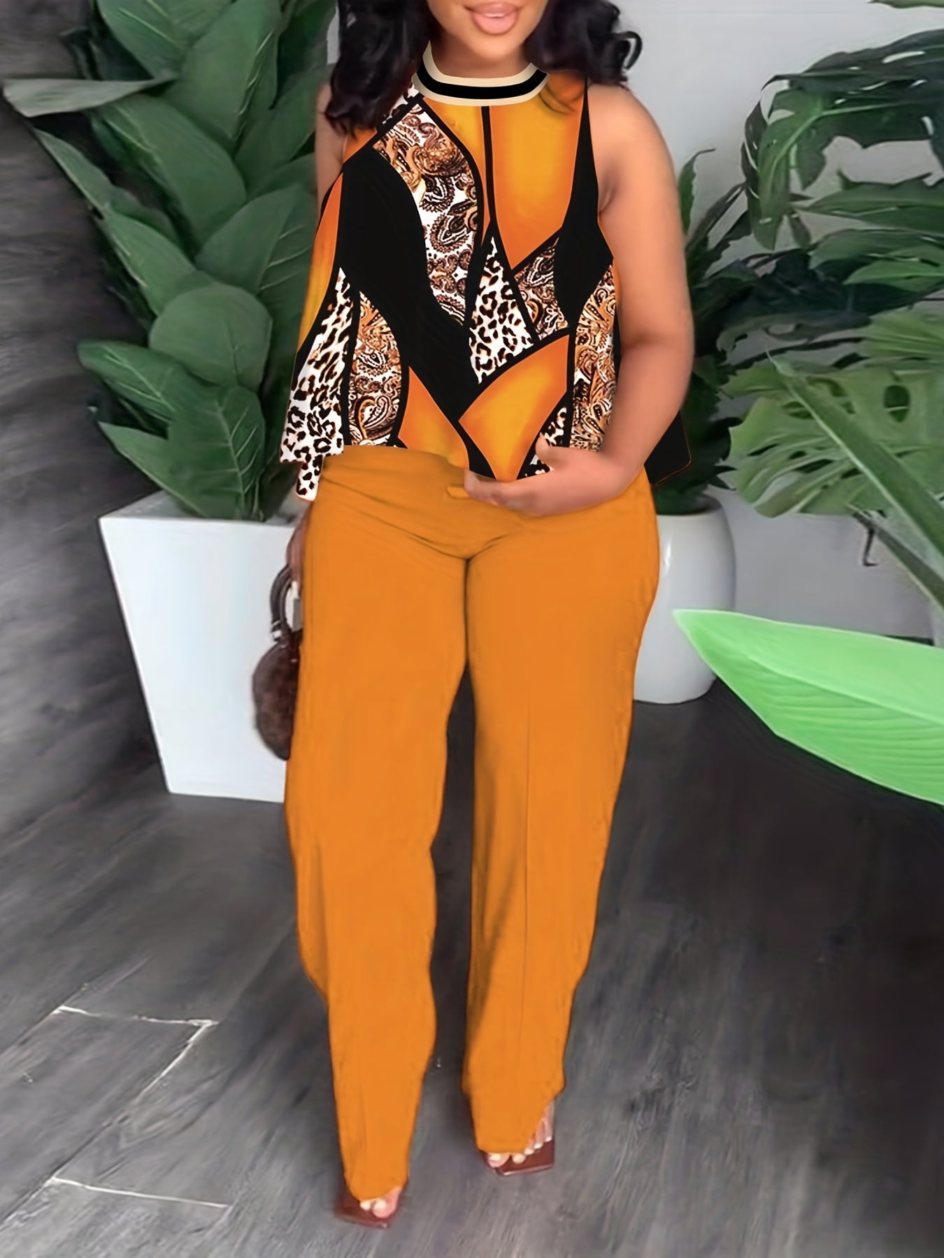 Women's Plus Colorblock Leopard & Paisley Print Tank Top & Wide Leg Pants Set
