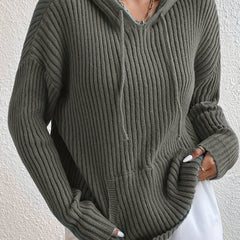 Solid Ribbed Long Sleeve Hooded Knit Top