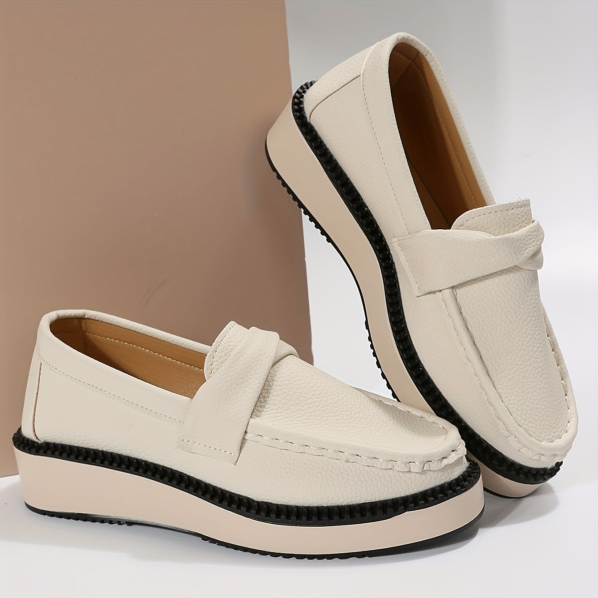 Women's Twist Knot Platform Loafers Solid Round Toe Slip On Wedge Shoes