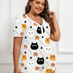 Cartoon Cat Print Pajama Romper Women's Bodysuit