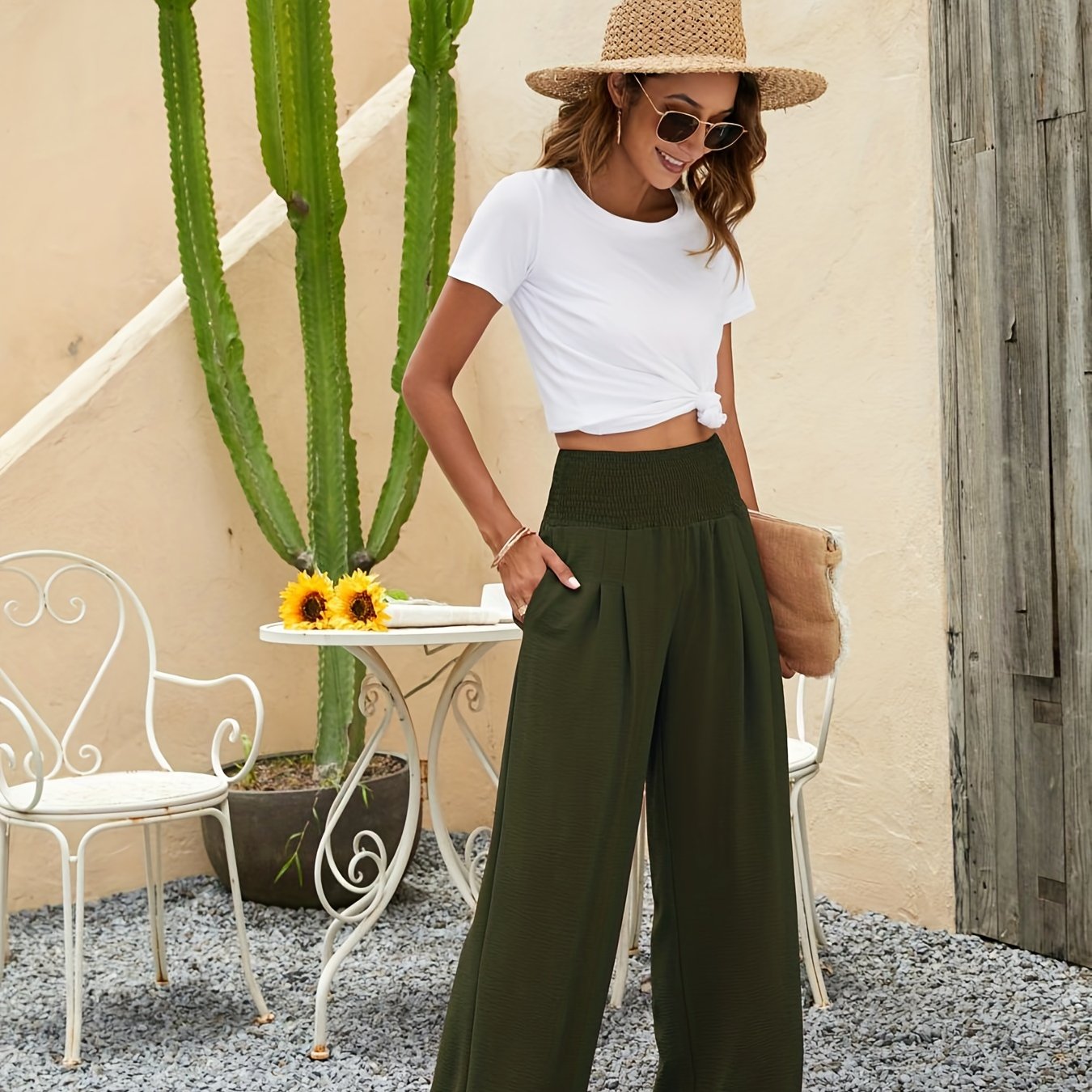 Smocked Waist Wide Leg Pants Casual Loose Pants