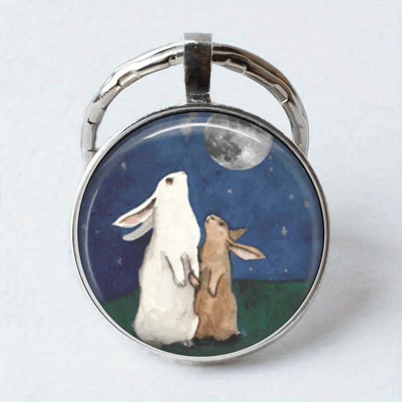 Men's Two Rabbits Watching Moon Keychain Bag Wallet Charm
