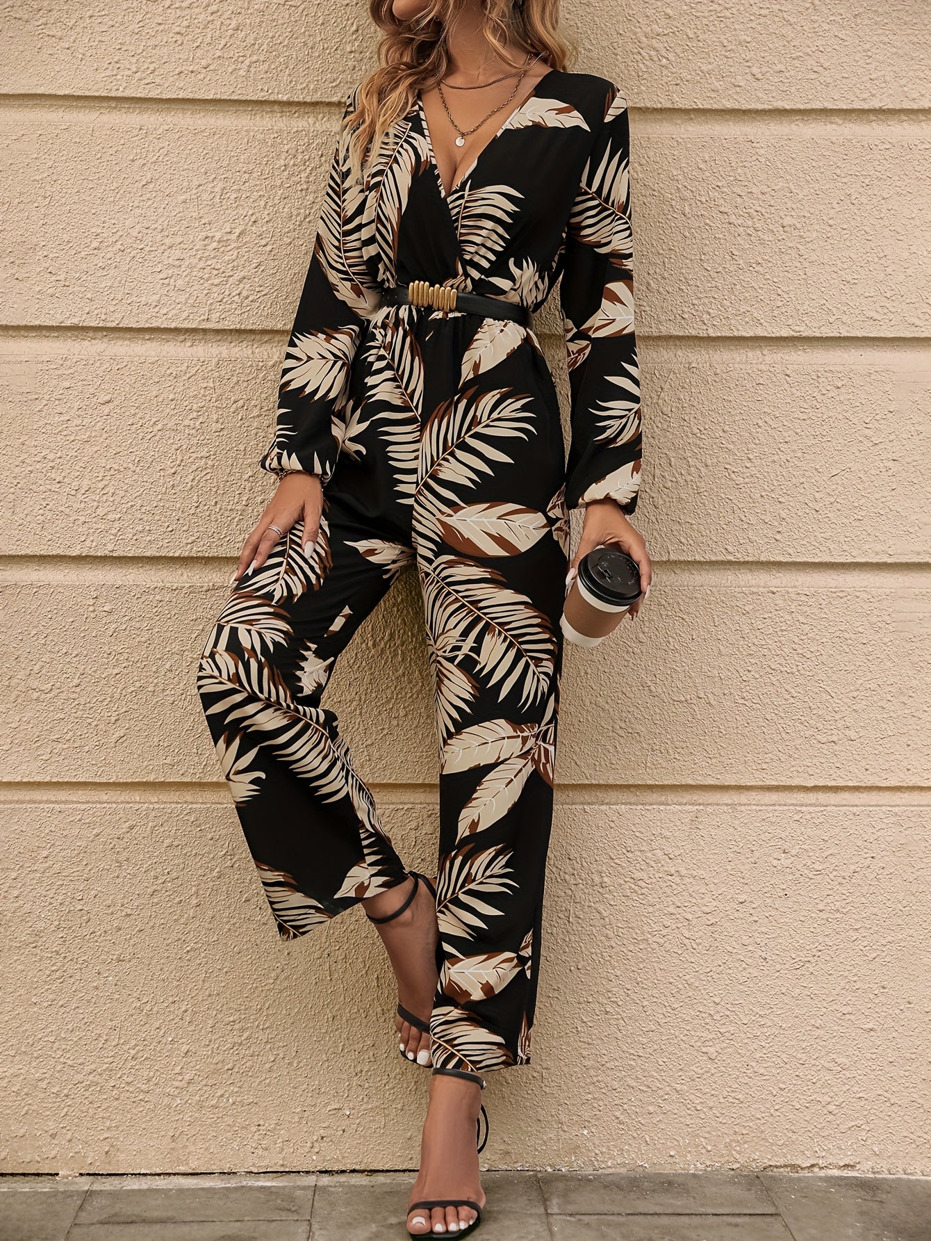 Tropical Print Surplice Neck Jumpsuit Long Sleeve Wide Leg Jumpsuit