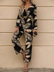 Tropical Print Surplice Neck Jumpsuit Long Sleeve Wide Leg Jumpsuit