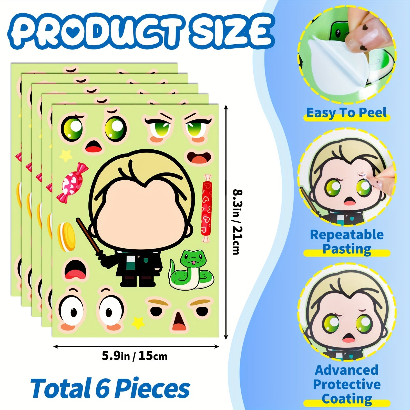 6pcs Make A Face DIY Puzzle Stickers Graffiti Big Head Cartoon Stickers