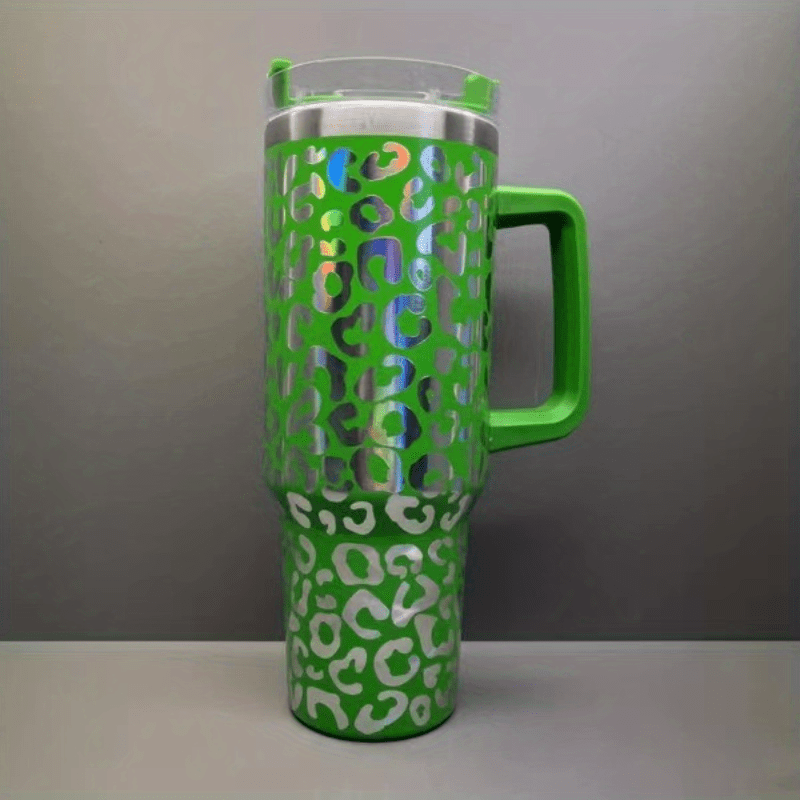 40oz Stainless Steel Insulated Car Cup Leopard Print Handle Straw Hand Wash