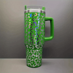 40oz Stainless Steel Insulated Car Cup Leopard Print Handle Straw Hand Wash