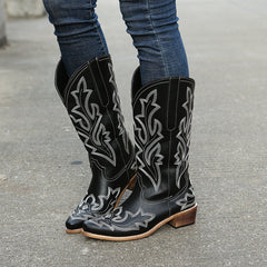 Embroidered Western Mid Calf Boots Cowgirl Pointed Toe Low Heel Slip On Boots