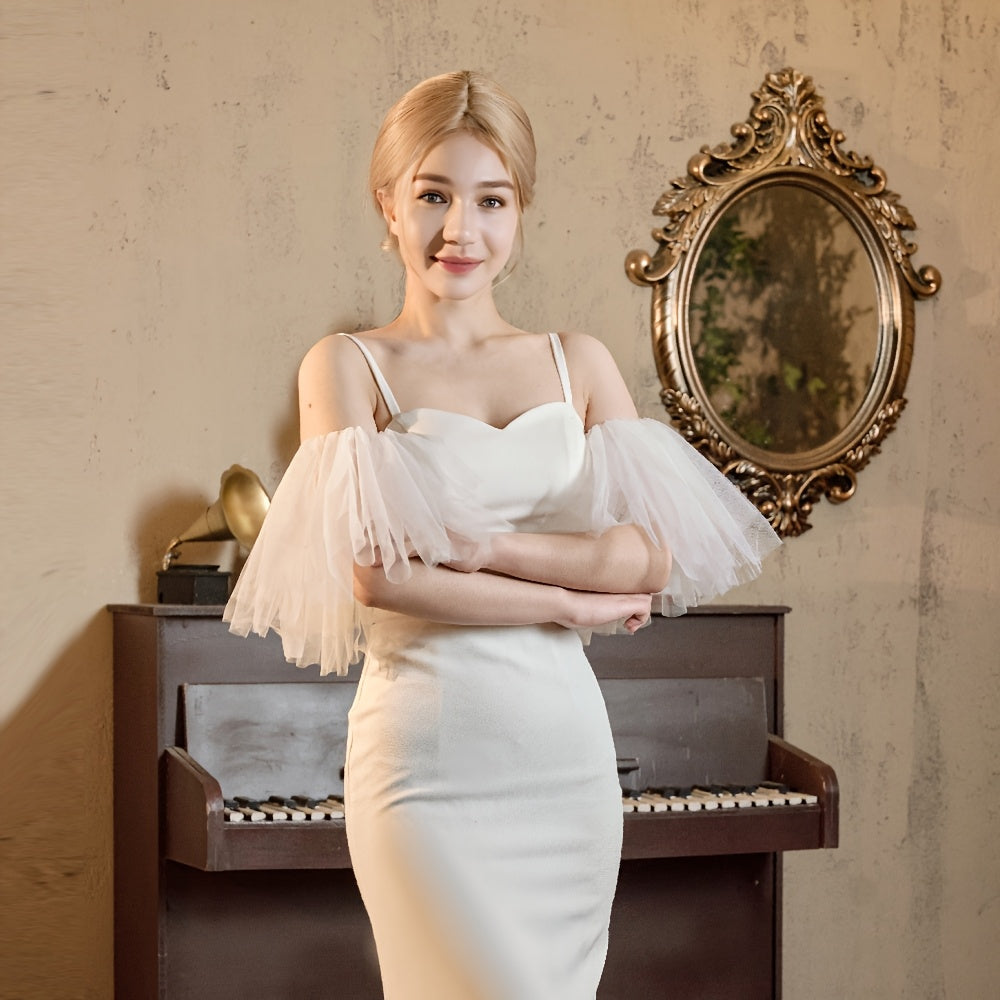 Romantic Bridal Bridesmaid Dress with Puffy Sleeve Ruffles