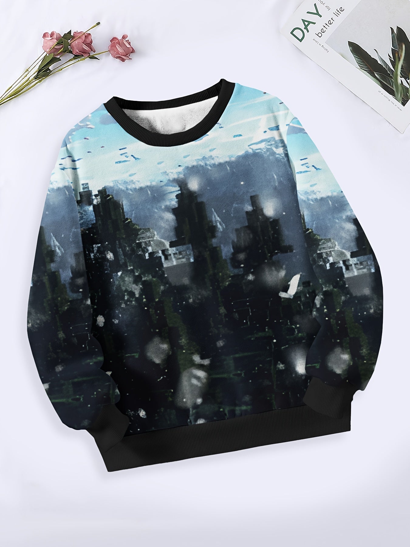 Kids Snowy Town Pattern Long Sleeve Crew Neck Sweatshirt