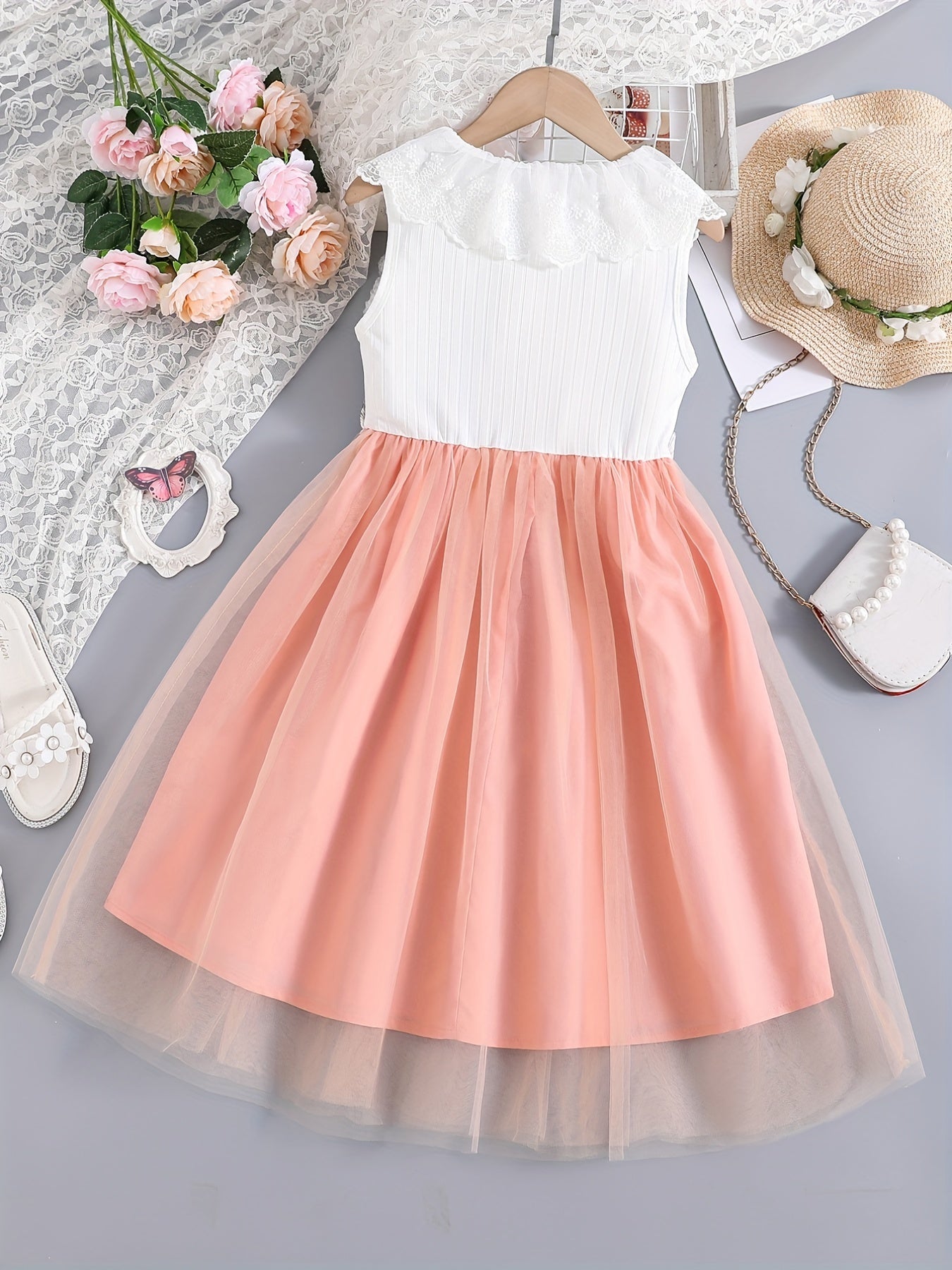 Girls Sleeveless Mesh Dress With Lace Neckline & Flowers