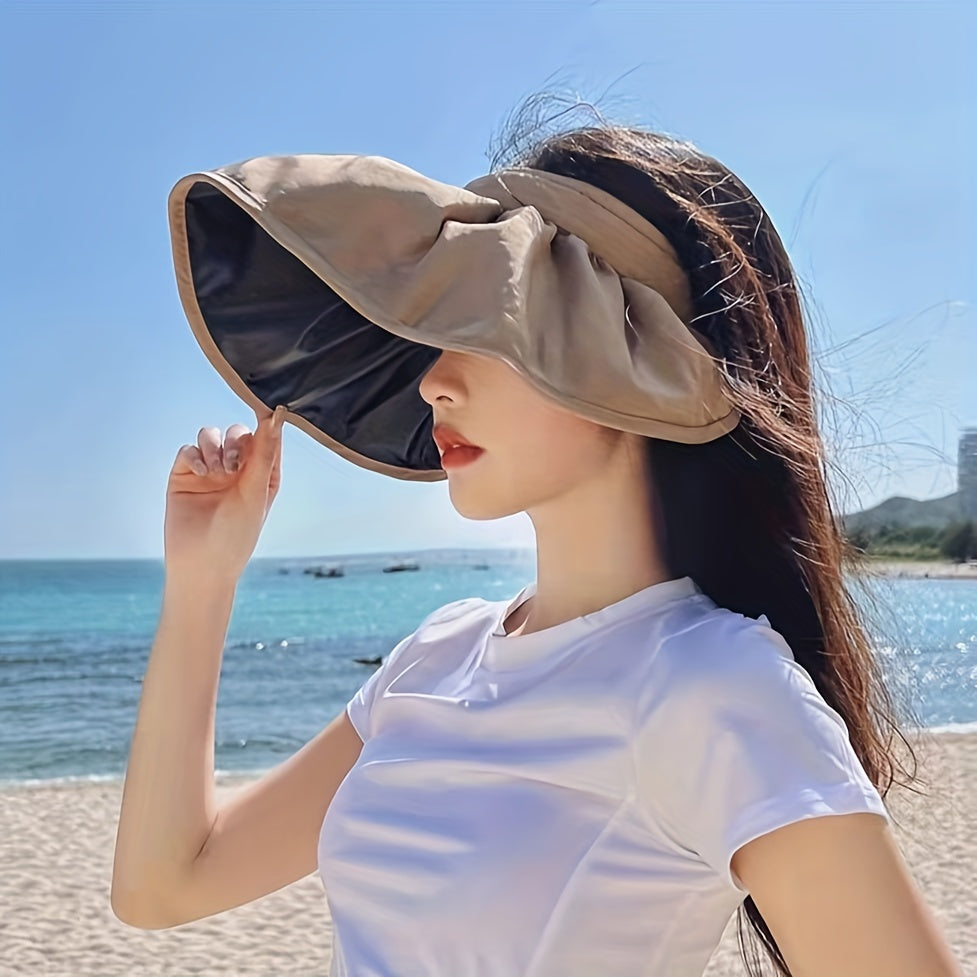 Wide Brim Ponytail Visor Hat UV Protection Sun Hats Casual Solid Foldable