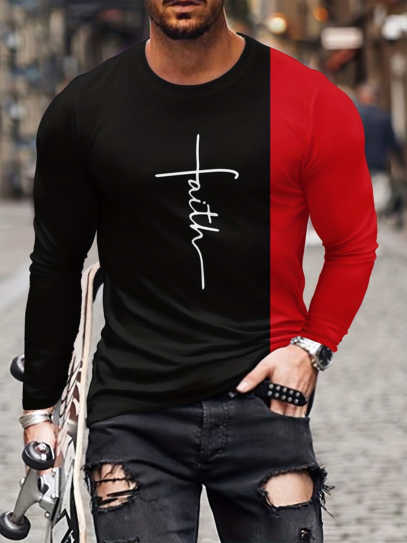 Men's Block Long Sleeve T shirt Casual Comfy Tees For Autumn