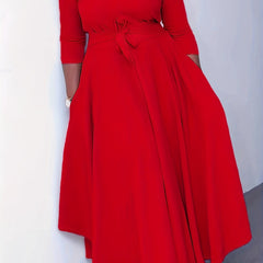 Solid Half Sleeve Round Neck Dress with Belt