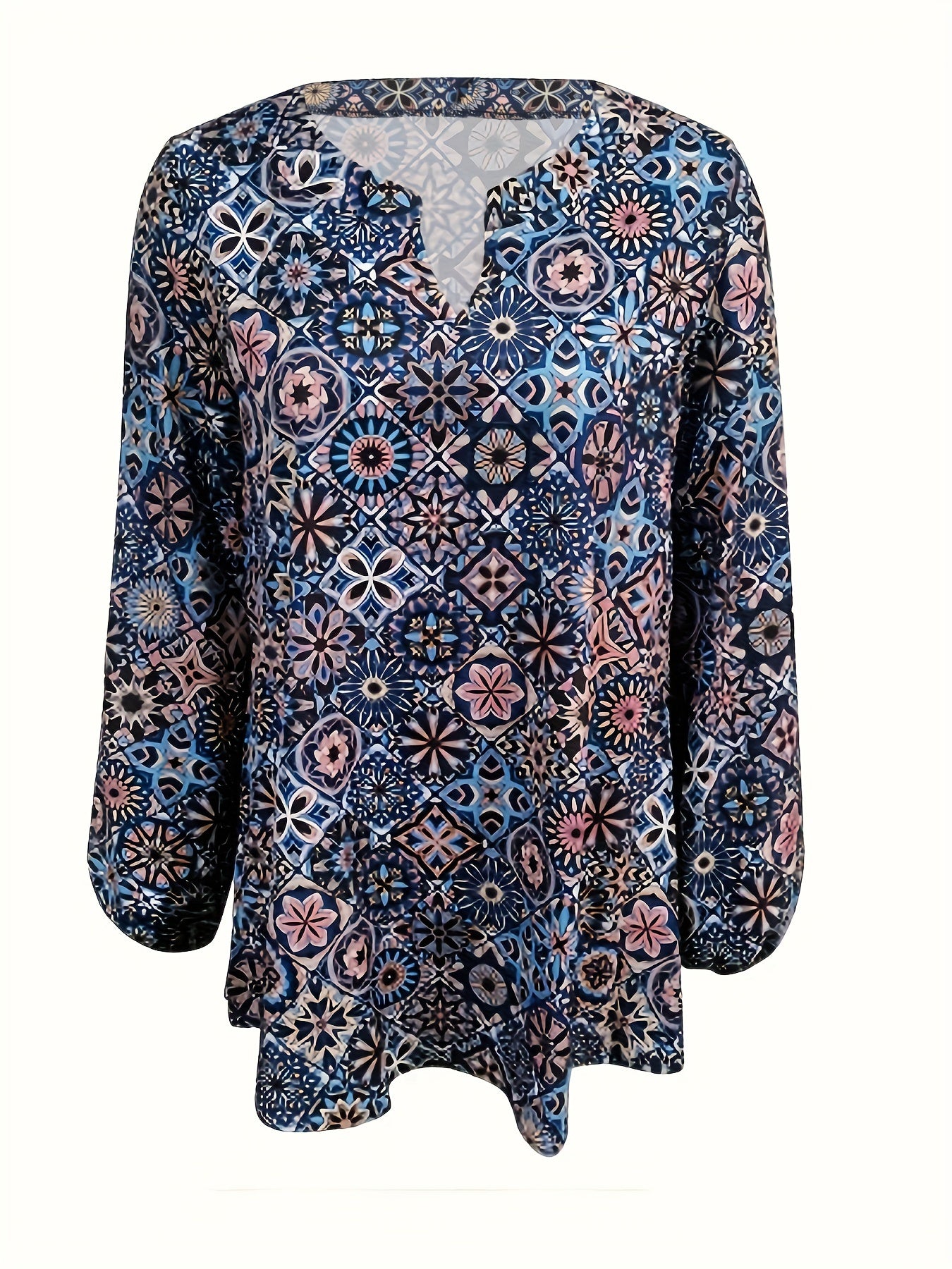 Boho Blouse Women's Plus Graphic Print Long Sleeve Notched Neck Top