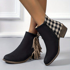 Women's Plaid Ankle Boots Tassel Round Toe Side Zipper Low Heel Short Boots