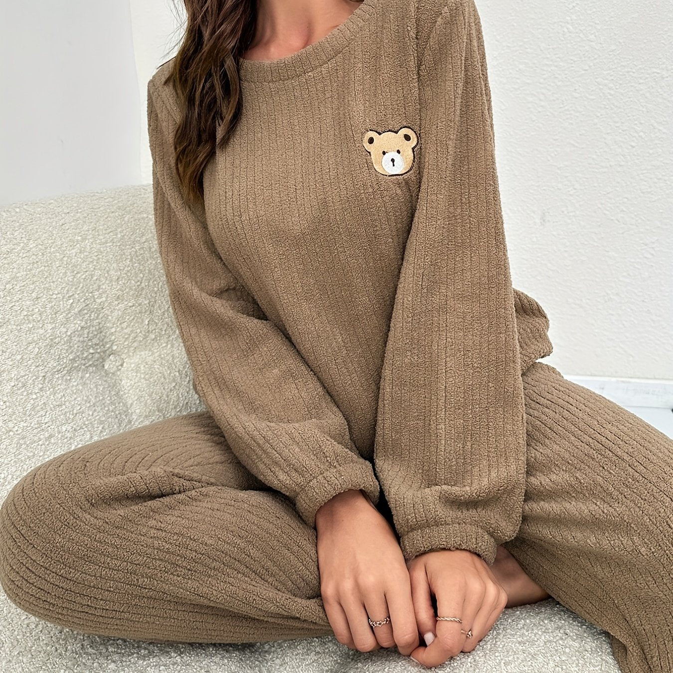 Bear Pattern Pajama Set Long Sleeve Round Neck Top & Pants Women's Sleepwear