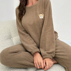 Bear Pattern Pajama Set Long Sleeve Round Neck Top & Pants Women's Sleepwear
