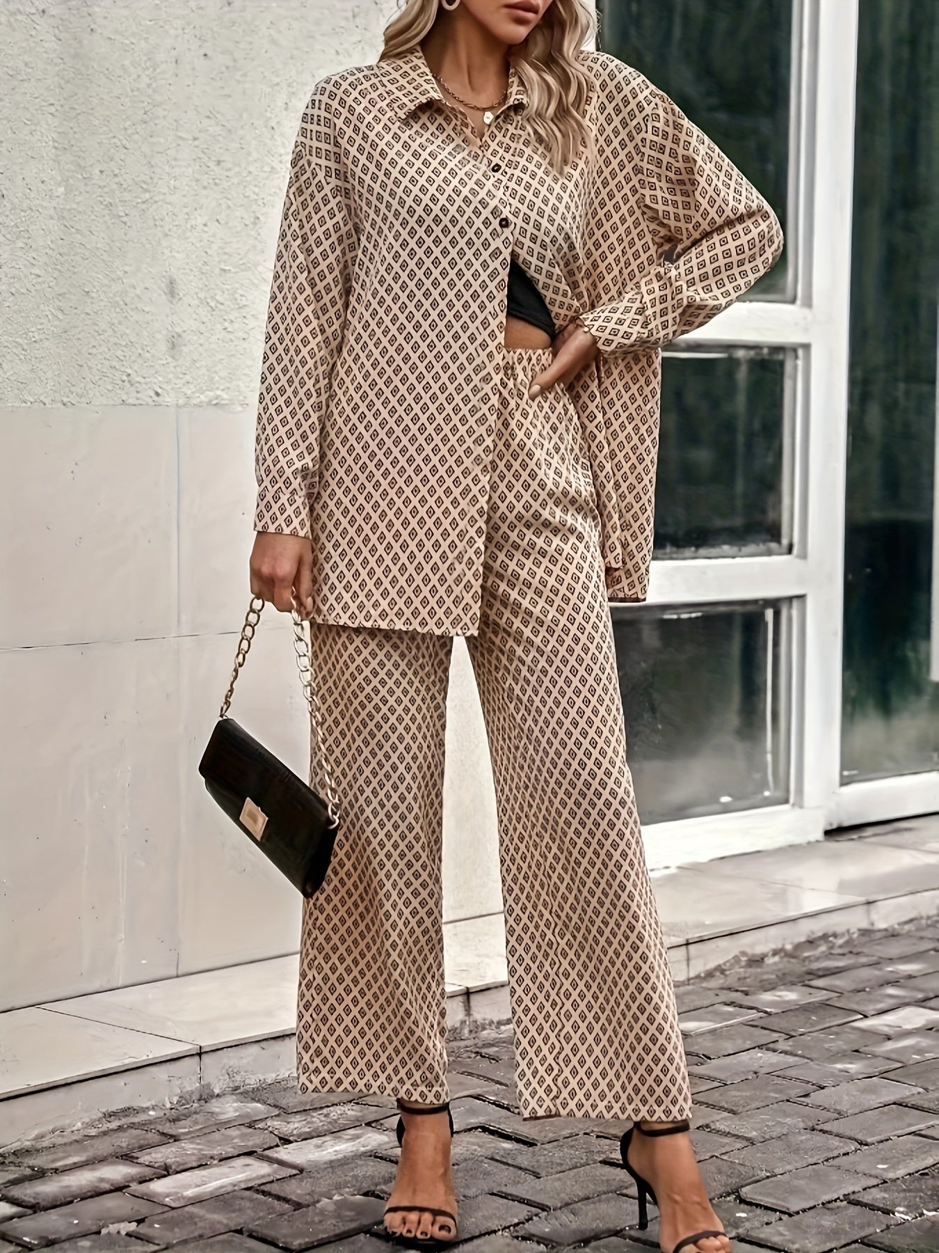 Women's Plus Print Long Sleeve Button Up Shirt & Pants Set