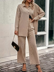 Women's Plus Print Long Sleeve Button Up Shirt & Pants Set