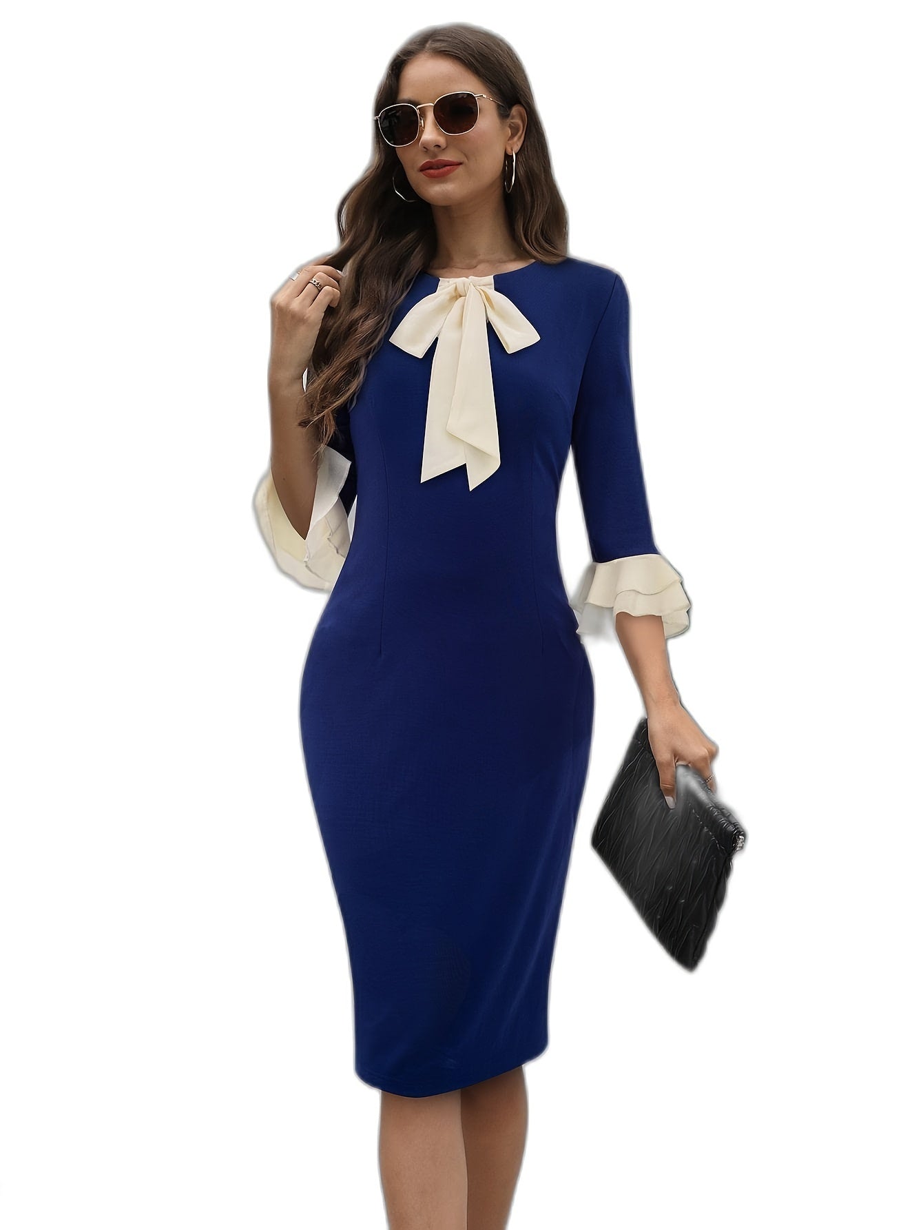 Tie Neck Ruffle Trim Midi Dress 3 4 Sleeve