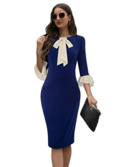 Tie Neck Ruffle Trim Midi Dress 3 4 Sleeve