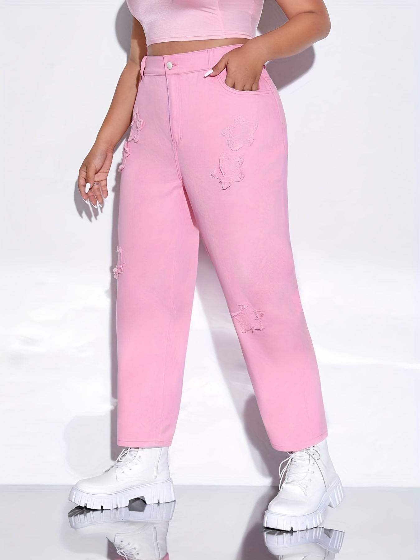Pink Star Pattern Raw Seam Straight Jeans Loose Fit Non Stretch Casual Denim Pan