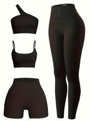 4PCS Seamless Yoga Set One Shoulder Top & High Waist Leggings and Shorts