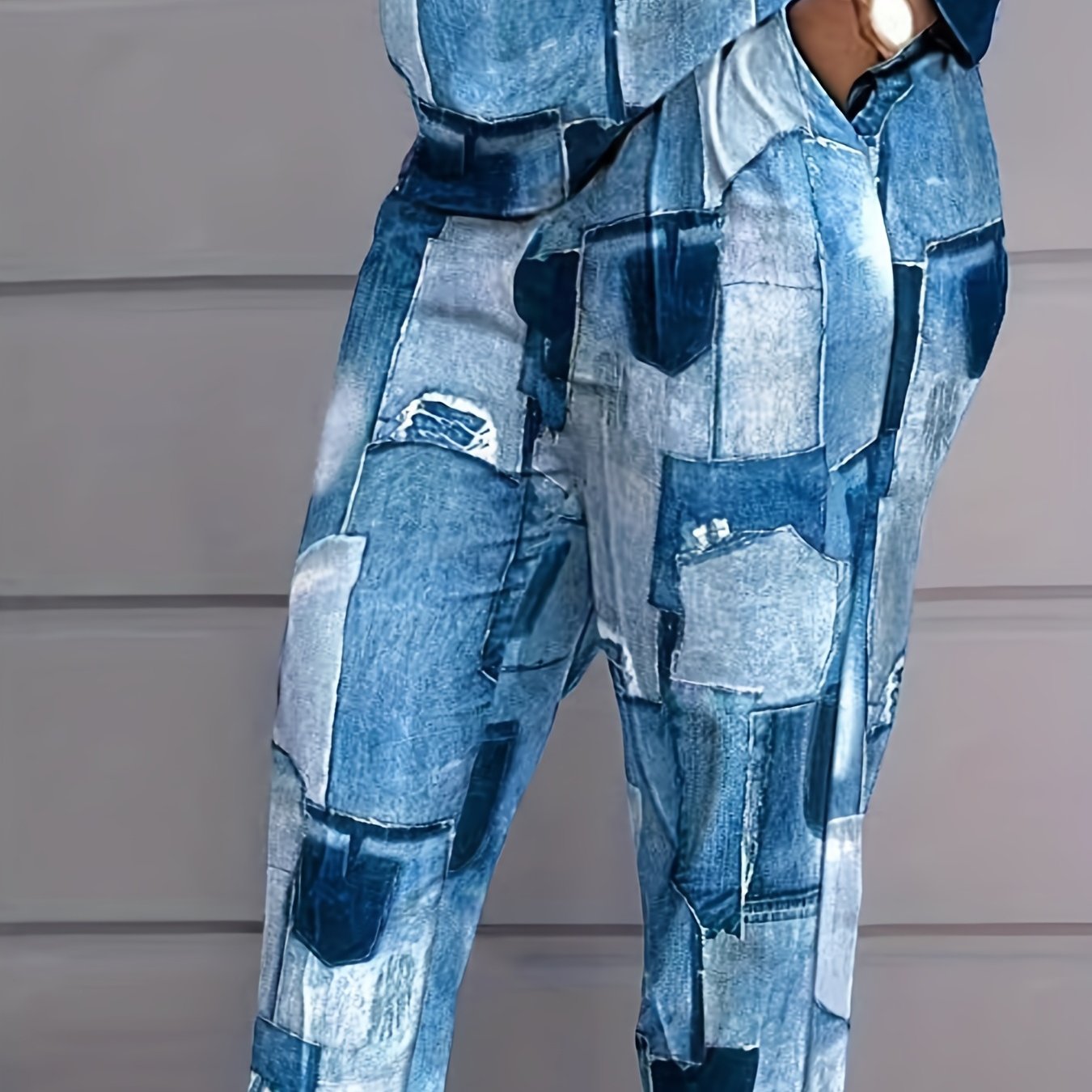 Women's Plus Denim Print Top & Pants Two Piece Set