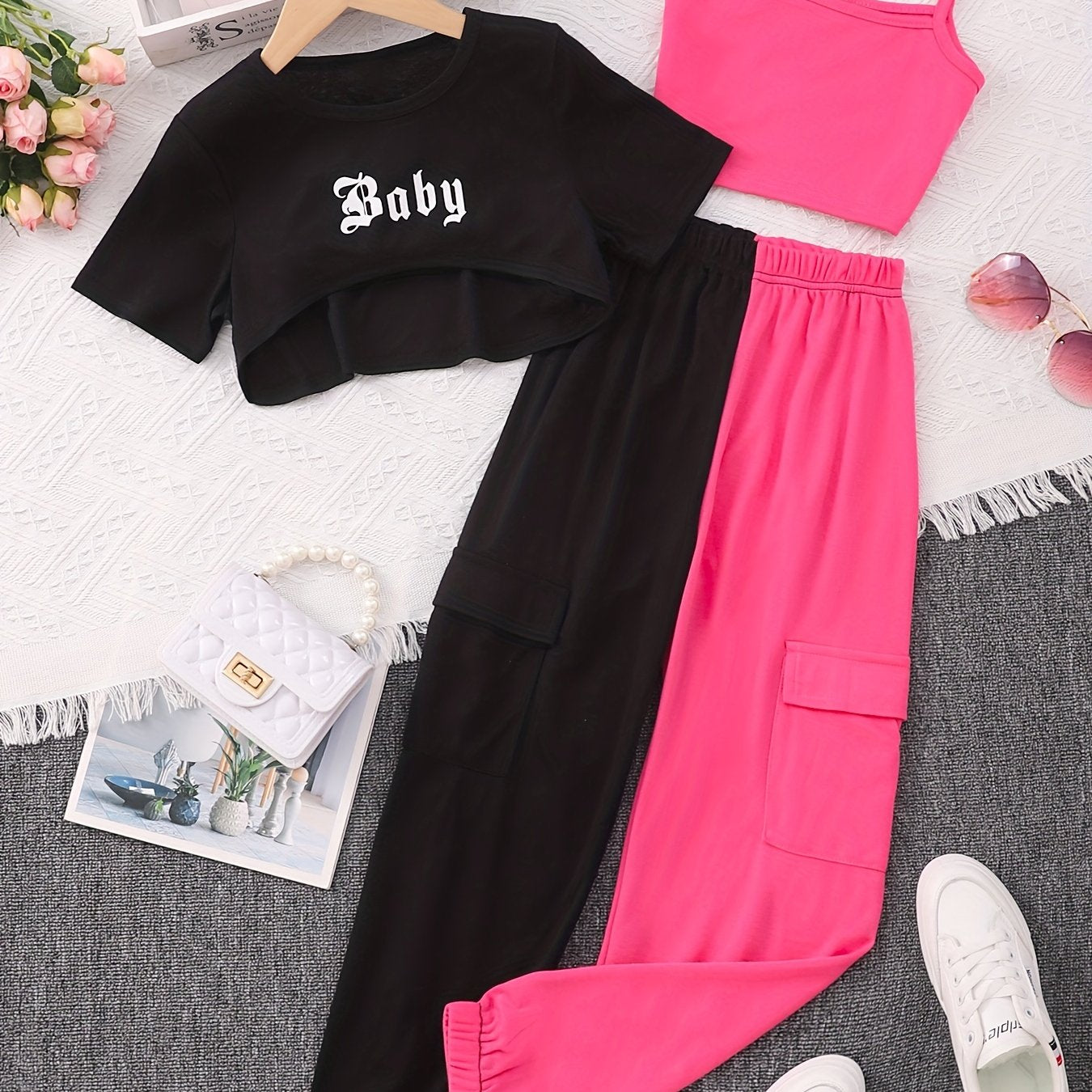 3pcs Kid Girls Clothes 'Baby' Letter Cover Up Tee Cami Crop Top Pants Set