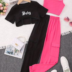 3pcs Kid Girls Clothes 'Baby' Letter Cover Up Tee Cami Crop Top Pants Set
