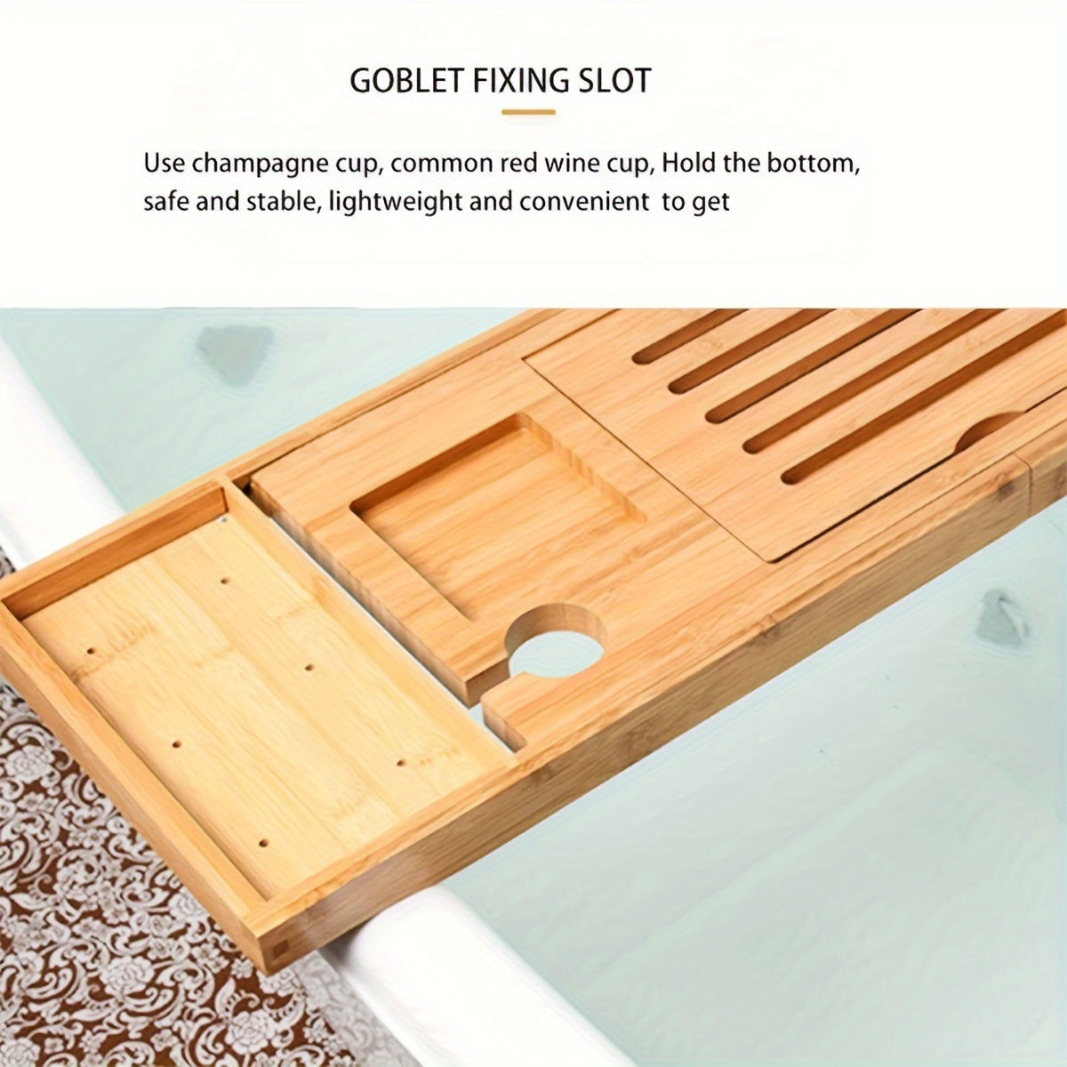 Adjustable Bamboo Bathtub Caddy Tray with Wine Glass Holder and iPad Stand