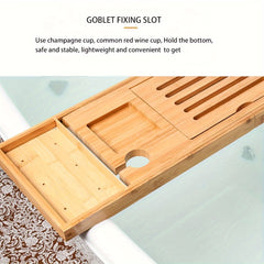 Adjustable Bamboo Bathtub Caddy Tray with Wine Glass Holder and iPad Stand