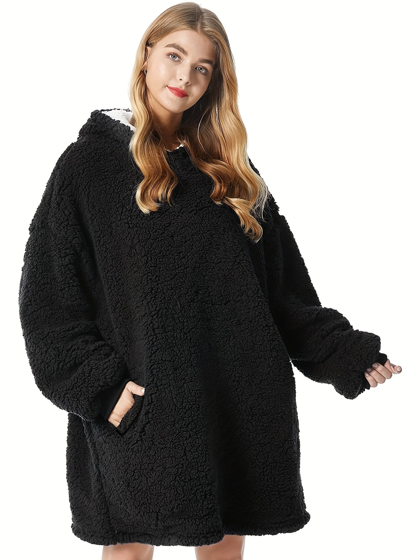 Solid Long Sleeve Hooded Robe Soft Teddy Fleece Blanket