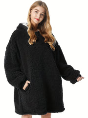 Solid Long Sleeve Hooded Robe Soft Teddy Fleece Blanket