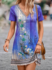 Floral Print V Neck Plus Size Mini Dress