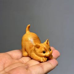 Lazy Kitten Wood Carving Ornament Tea Pet Pendant