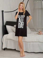 Letter Print Crew Neck Pajama Dress Women's Sleepwear