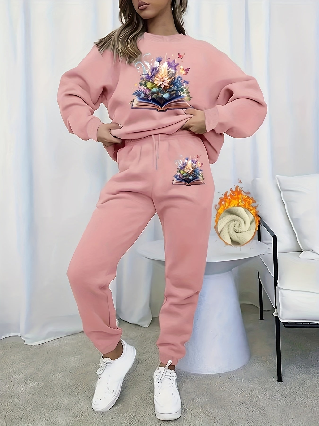 Women's Plus Floral Print Crew Neck Fleece Top & Joggers Set