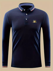 Golden Flower Print Men's Long Sleeve Polo Shirt