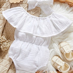 Baby Girls Ruffle Cotton Linen Romper Headband Bodysuit